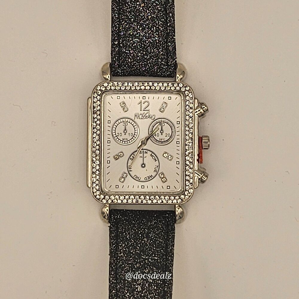 Mossimo Fashion Analog Watch Silver Trim Dark Gray Band with Glitter Women's